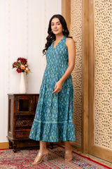 Sea Green Abstract Printed Fit And Flared Midi Dress