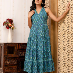 Sea Green Abstract Printed Fit And Flared Midi Dress