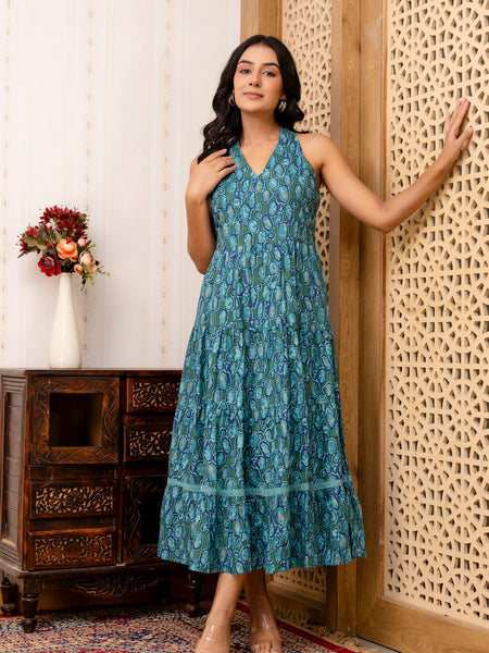 Sea Green Abstract Printed Fit And Flared Midi Dress