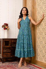 Sea Green Abstract Printed Fit And Flared Midi Dress