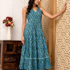 Sea Green Abstract Printed Fit And Flared Midi Dress