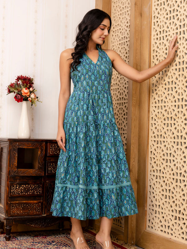 Sea Green Abstract Printed Fit And Flared Midi Dress
