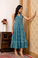 Sea Green Abstract Printed Fit And Flared Midi Dress