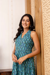 Sea Green Abstract Printed Fit And Flared Midi Dress