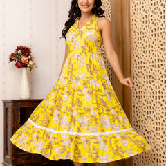 Yellow Floral Printed Fit And Flared Midi Dress