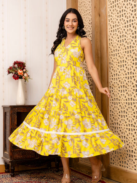 Yellow Floral Printed Fit And Flared Midi Dress