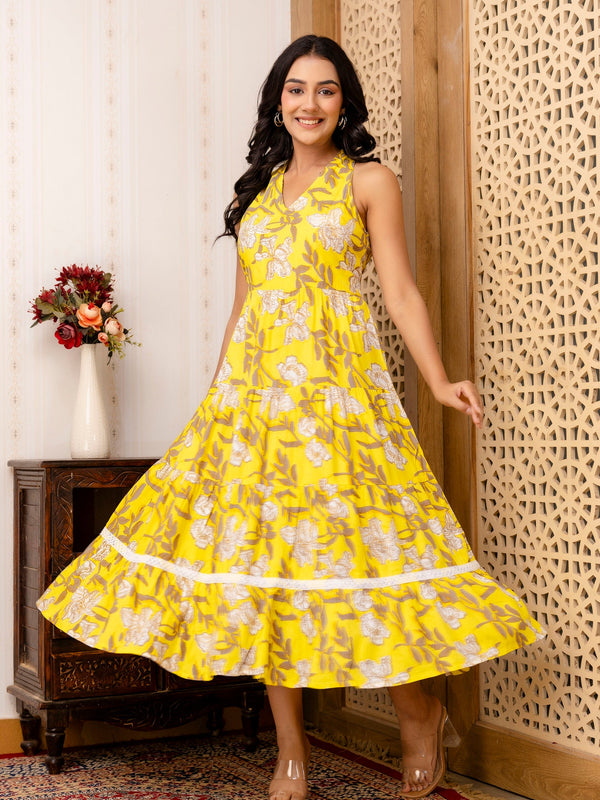 Yellow Floral Printed Fit And Flared Midi Dress