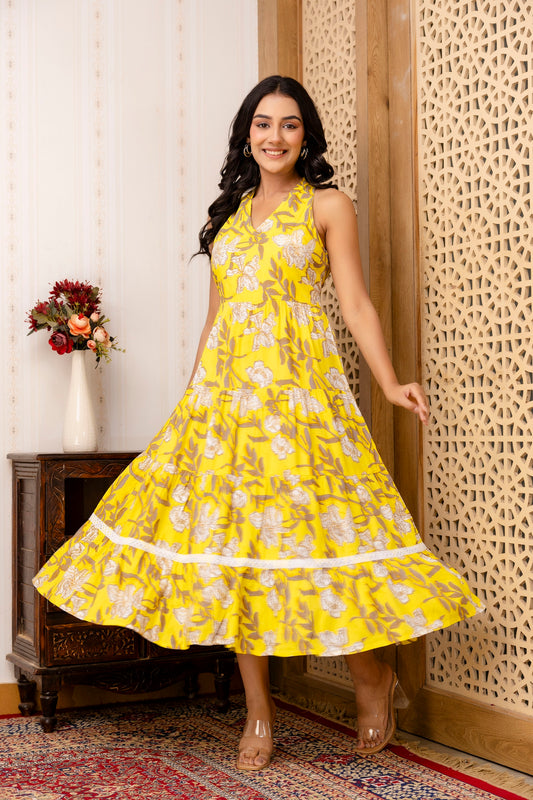 Yellow Floral Printed Fit And Flared Midi Dress
