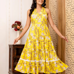 Yellow Floral Printed Fit And Flared Midi Dress
