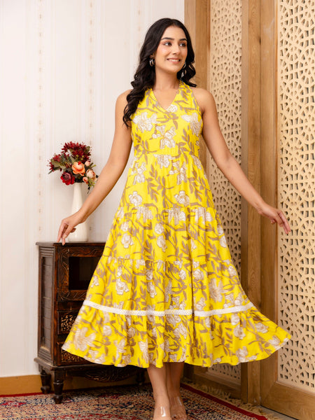 Yellow Floral Printed Fit And Flared Midi Dress