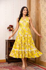 Yellow Floral Printed Fit And Flared Midi Dress