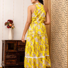Yellow Floral Printed Fit And Flared Midi Dress