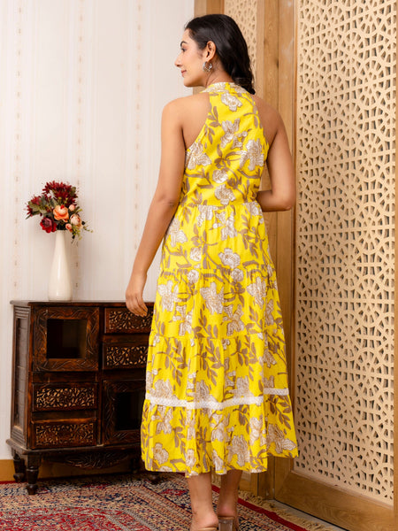 Yellow Floral Printed Fit And Flared Midi Dress