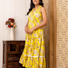 Yellow Floral Printed Fit And Flared Midi Dress