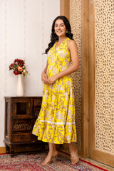Yellow Floral Printed Fit And Flared Midi Dress