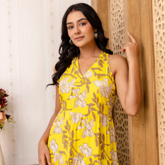 Yellow Floral Printed Fit And Flared Midi Dress