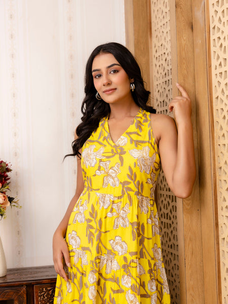 Yellow Floral Printed Fit And Flared Midi Dress