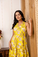 Yellow Floral Printed Fit And Flared Midi Dress