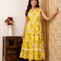 Yellow Floral Printed Fit And Flared Midi Dress