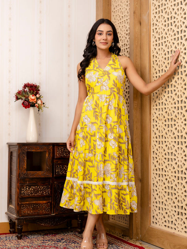 Yellow Floral Printed Fit And Flared Midi Dress