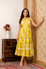 Yellow Floral Printed Fit And Flared Midi Dress