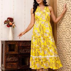 Yellow Floral Printed Fit And Flared Midi Dress