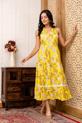 Yellow Floral Printed Fit And Flared Midi Dress