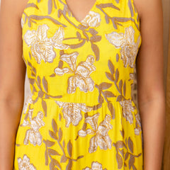 Yellow Floral Printed Fit And Flared Midi Dress