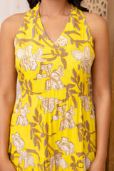 Yellow Floral Printed Fit And Flared Midi Dress