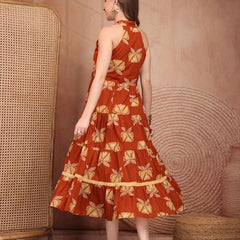 Geometric Printed Pure Cotton A-Line Ethnic Dress - Rust