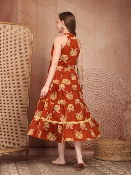 Geometric Printed Pure Cotton A-Line Ethnic Dress - Rust