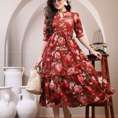 Floral Printed Pure Cotton Mandarin Collar Fit and Flare Dress