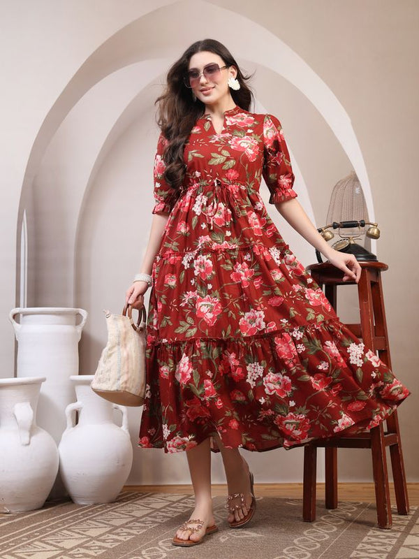 Floral Printed Pure Cotton Mandarin Collar Fit and Flare Dress