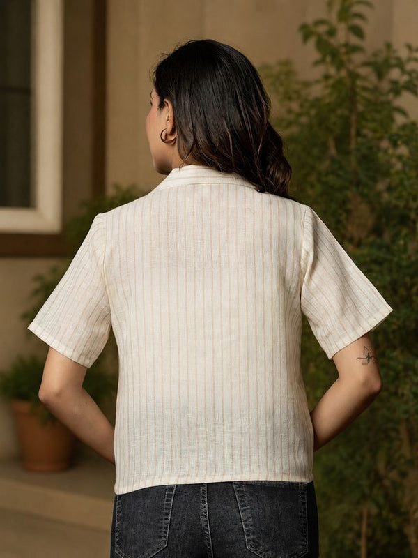Vertical Striped Shirt Style Crop Top