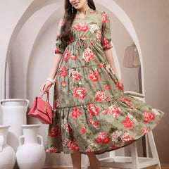 Floral Printed Pure Cotton Mandarin Collar Fit and Flare Dress
