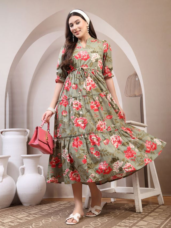 Floral Printed Pure Cotton Mandarin Collar Fit and Flare Dress