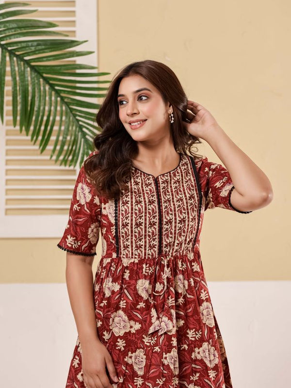 Floral Printed V-Neck Pure Cotton Fit & Flare Dress