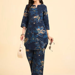 Floral Printed Pure Cotton Co-Ord Set with Palazzo – Blue