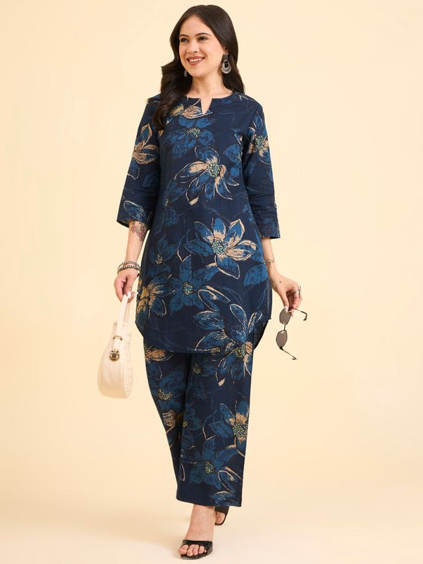 Floral Printed Pure Cotton Co-Ord Set with Palazzo – Blue