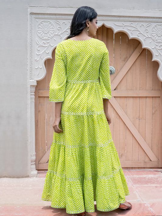 Green Lehariya Striped Ethnic Maxi Dress