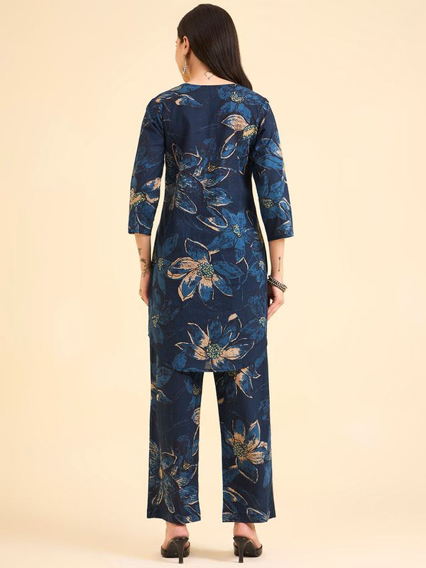Floral Printed Pure Cotton Co-Ord Set with Palazzo – Blue