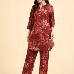 Floral Printed Pure Cotton Co-Ord Set with Palazzo – Red