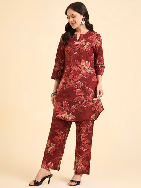 Floral Printed Pure Cotton Co-Ord Set with Palazzo – Red