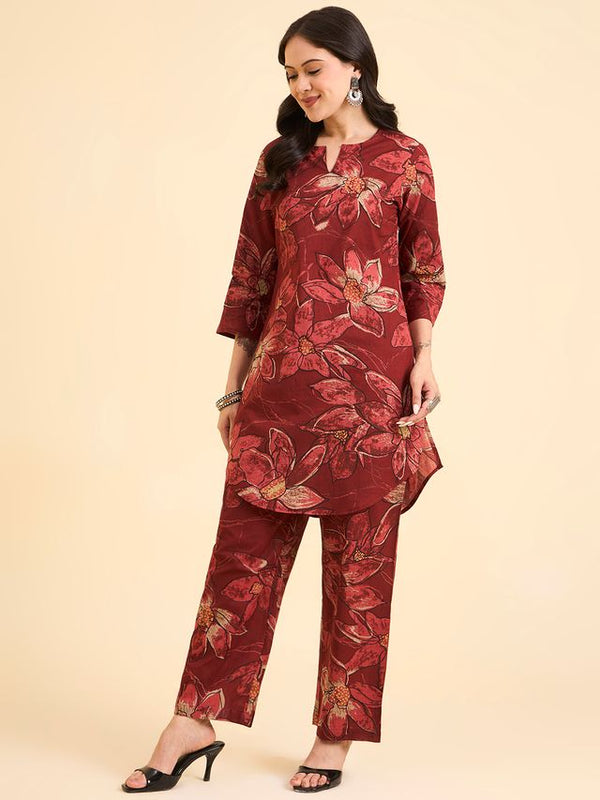 Floral Printed Pure Cotton Co-Ord Set with Palazzo – Red