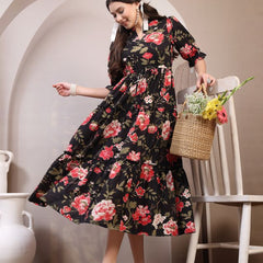 Floral Printed Pure Cotton Mandarin Collar Fit and Flare Dress