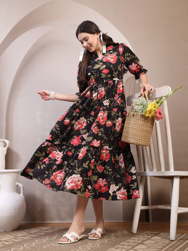 Floral Printed Pure Cotton Mandarin Collar Fit and Flare Dress