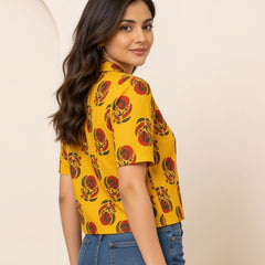 Floral Printed Cotton Shirt Style Crop Top
