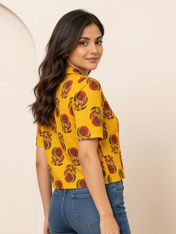 Floral Printed Cotton Shirt Style Crop Top