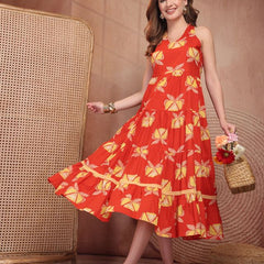 Geometric Printed Pure Cotton A-Line Ethnic Dress - Orange