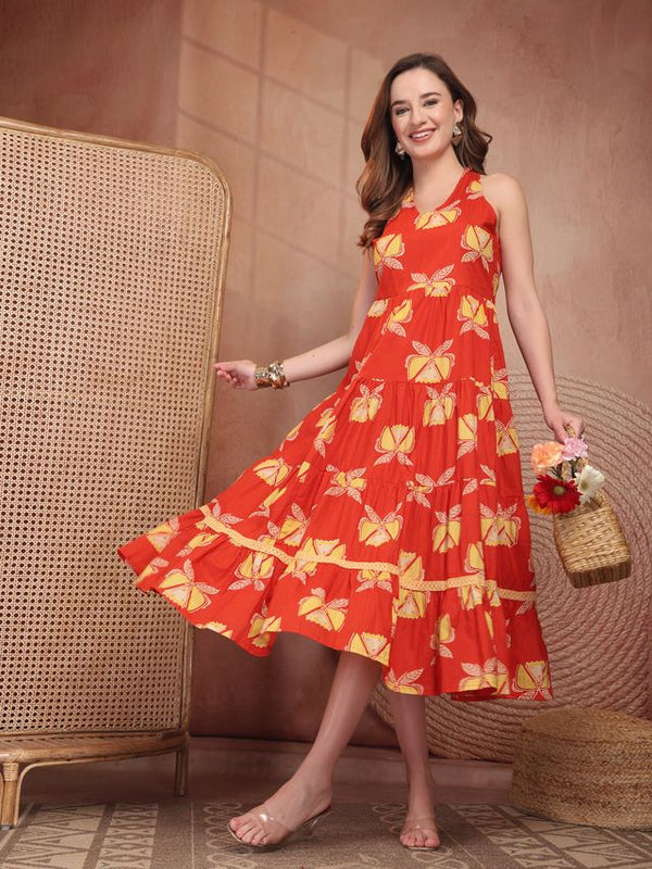 Geometric Printed Pure Cotton A-Line Ethnic Dress - Orange